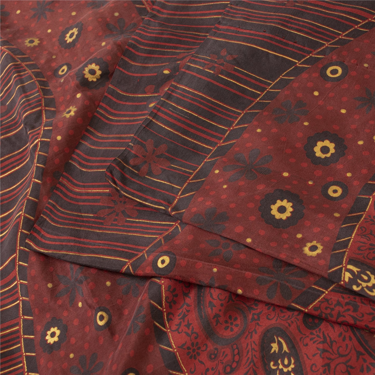 Sanskriti Vintage Sarees Red Pure Silk Paisley Printed Sari 5+yd Craft Fabric