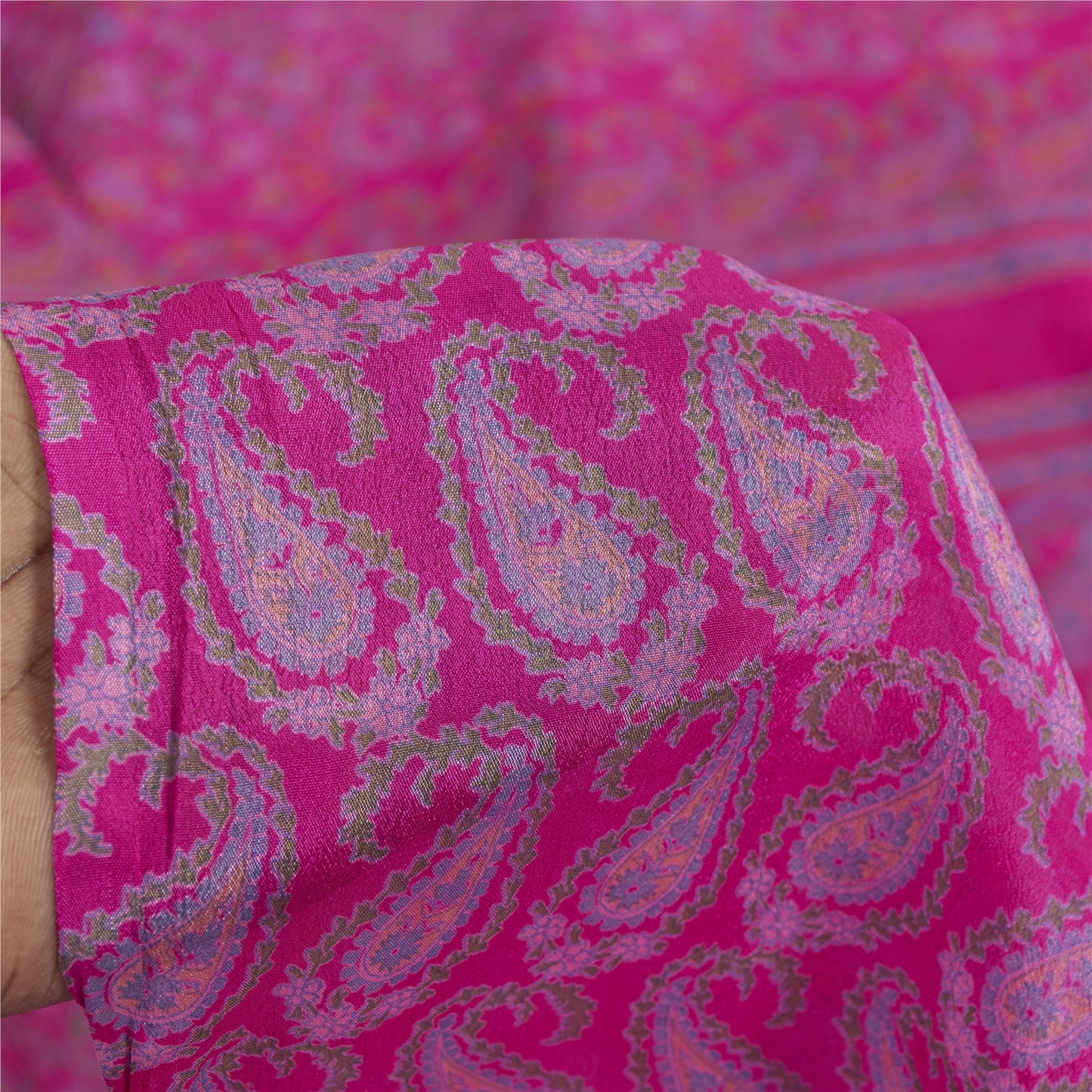 Sanskriti Vintage Sarees Pink Pure Silk Paisley Printed 6yd Sari For Crafters