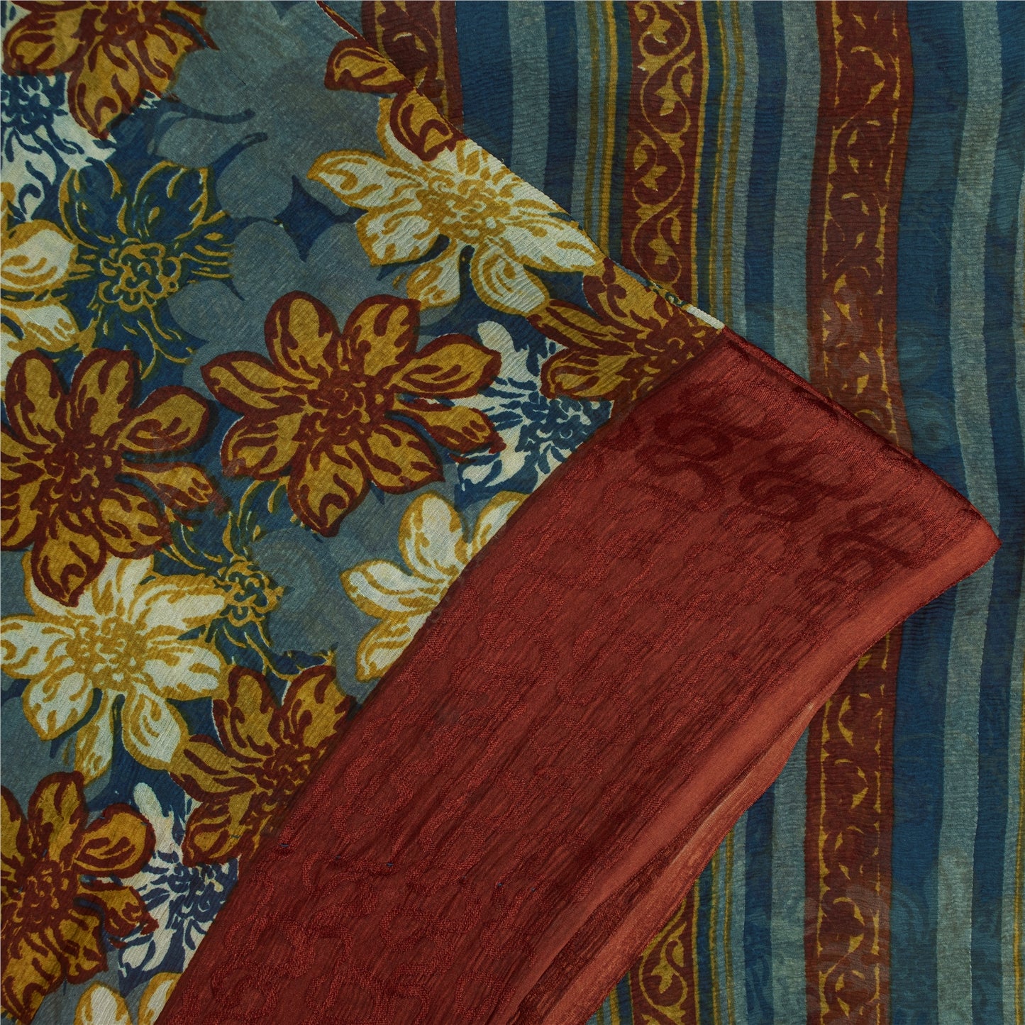 Sanskriti Vintage Sarees Blue Pure Chiffon Silk Printed Sari 6+yd Craft Fabric