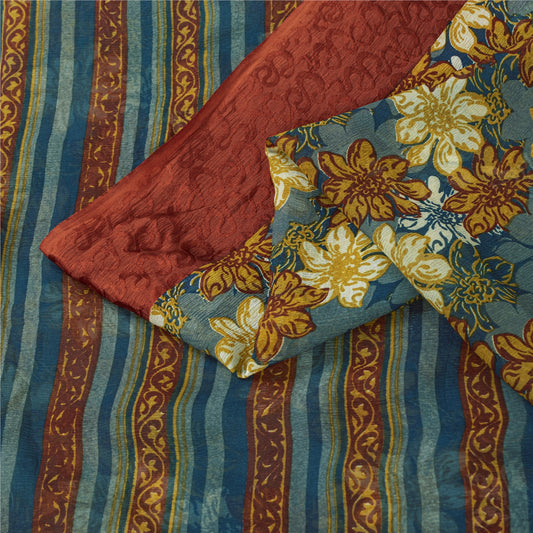 Sanskriti Vintage Sarees Blue Pure Chiffon Silk Printed Sari 6+yd Craft Fabric