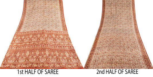 Sanskriti Vintage Saree Cream 100% Pure Silk Abstract Printed Sari 5.5+Yd Fabric