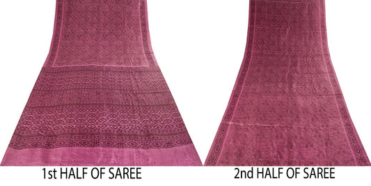Sanskriti Vintage Saree Pink Soft 100% Pure Silk Floral Print Sari 5.5+Yd Fabric