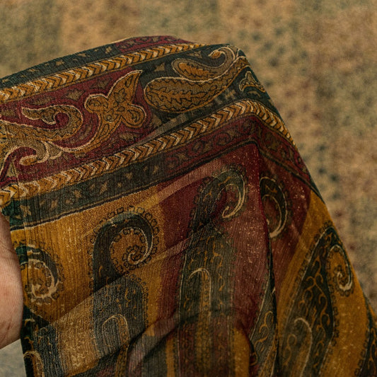 Sanskriti Vintage Cream Pure Chiffon Saree Hand Block Print 5.5+Yard Sari Fabric