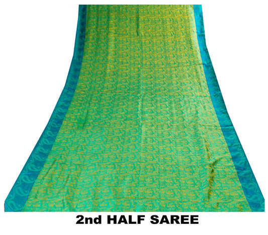 Sanskriti Vintage Craft Supply Floral Print Green Blue Pure Silk Sarees 6YD Sari
