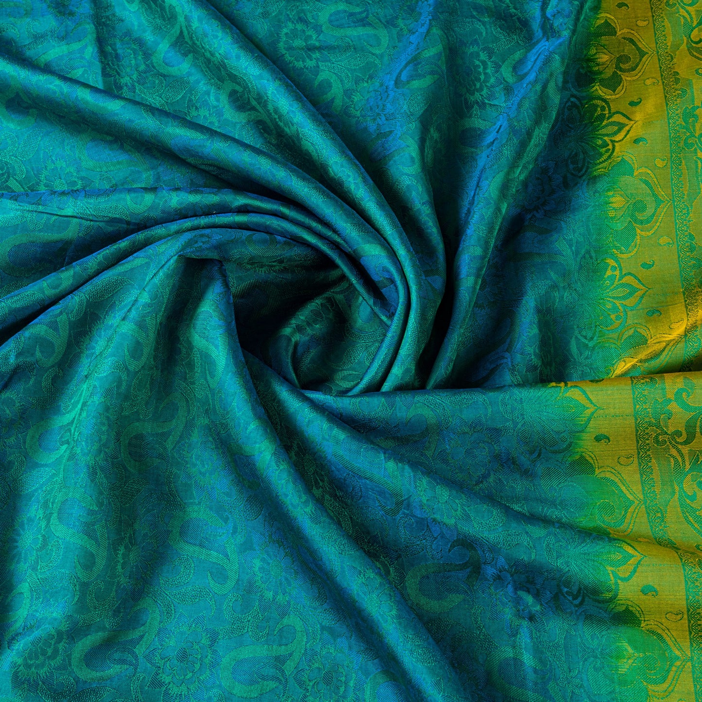 Sanskriti Vintage Craft Supply Floral Print Green Blue Pure Silk Sarees 6YD Sari