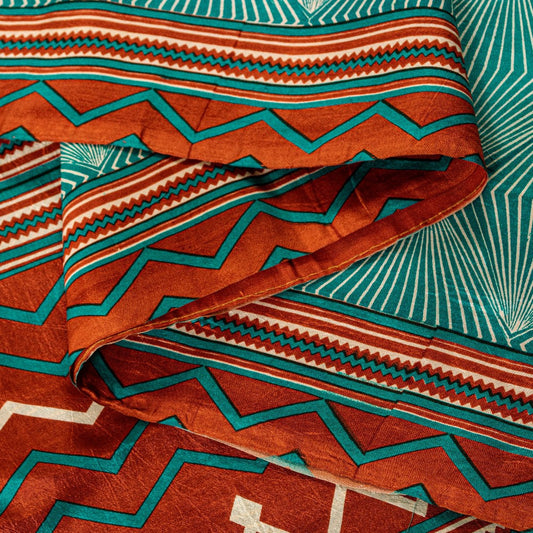 Sanskriti Vintage Sea Green-Orange Pure Silk Saree Geometric Print 5.5+Yd Fabric