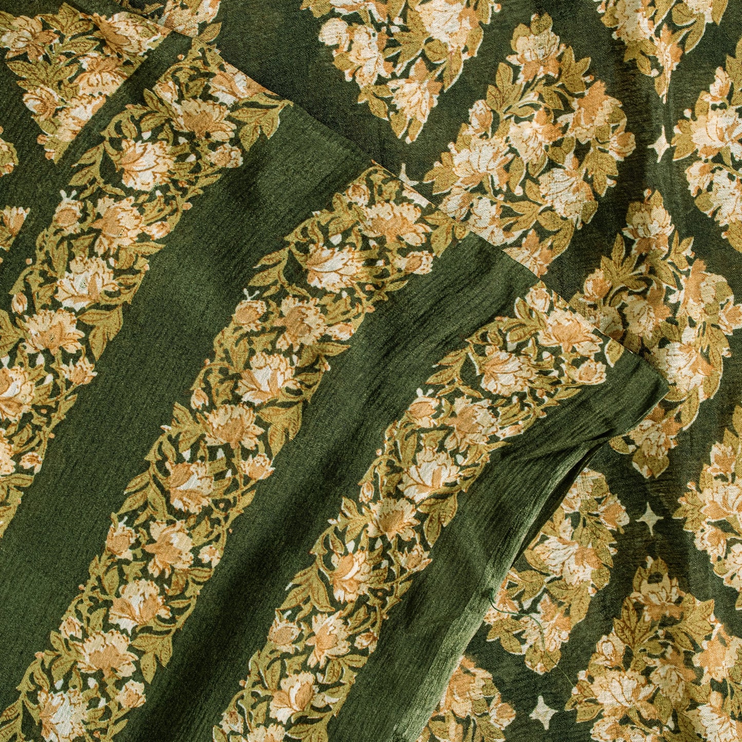 Sanskriti Vintage Dark Green Sari Soft Pure Silk Floral Print Saree 6+Yd Craft