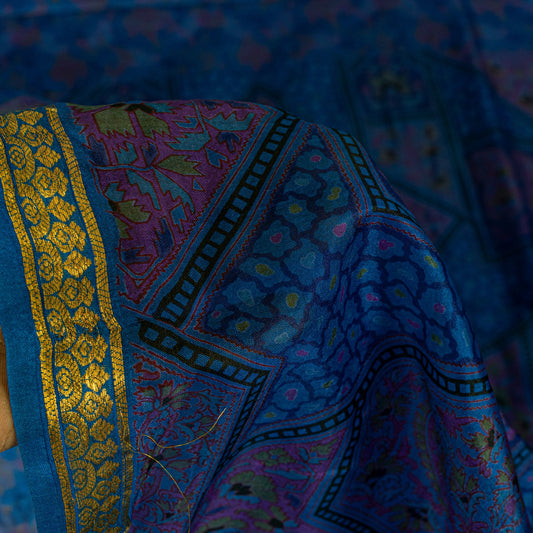 Sanskriti Vintage Blue Sari Soft Pure Silk Floral Print Zari Border Saree 6+Yd