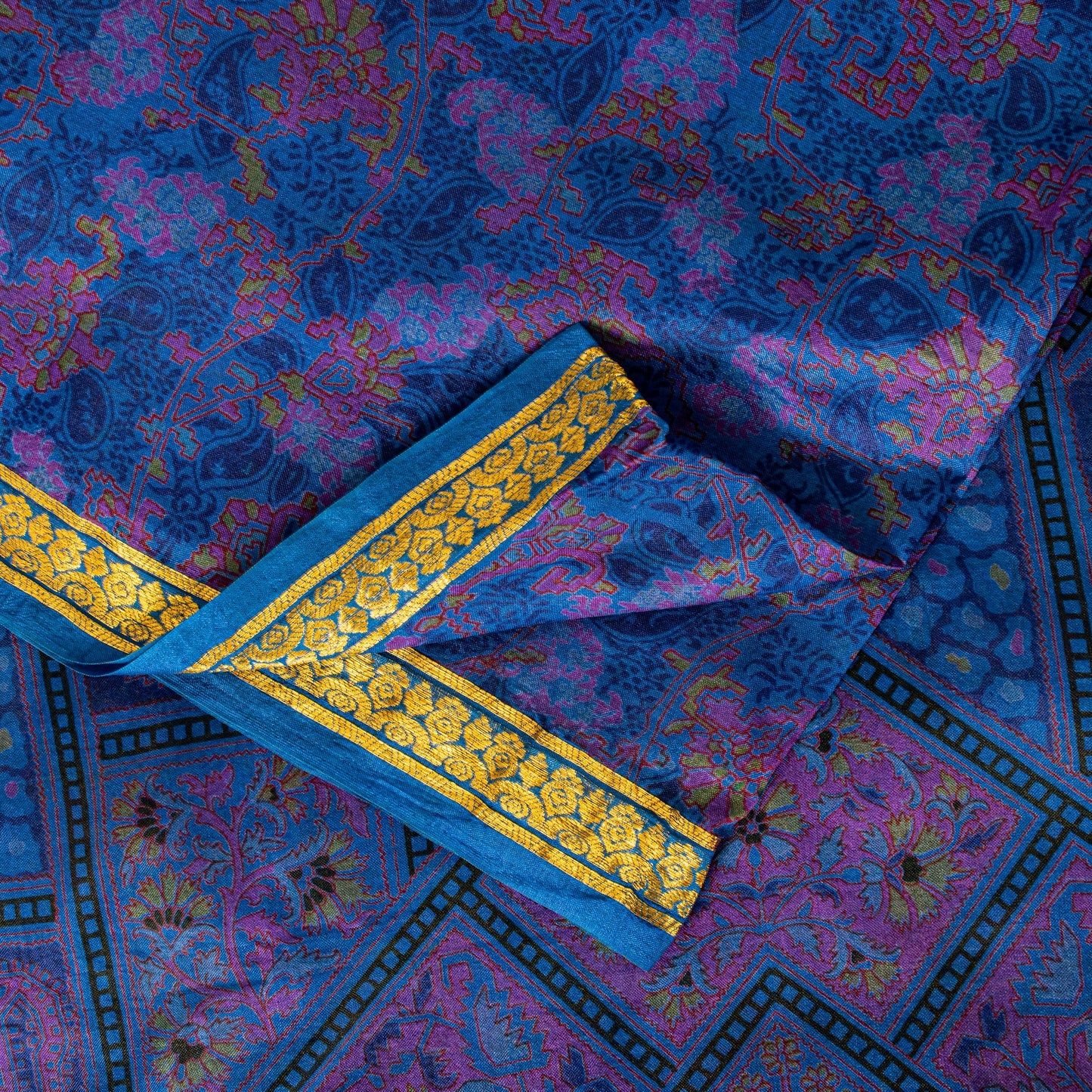 Sanskriti Vintage Blue Sari Soft Pure Silk Floral Print Zari Border Saree 6+Yd