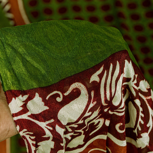 Sanskriti Vintage Green-Brown Sari Soft Pure Silk Geometric Print Saree 5.5Craft
