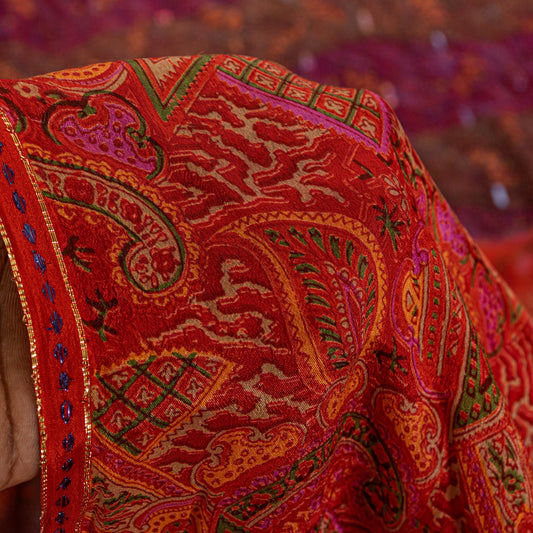 Sanskriti Vintage Sari Red-Orange Pure Silk Saree Kashmiri Paisley Print 5+Yd