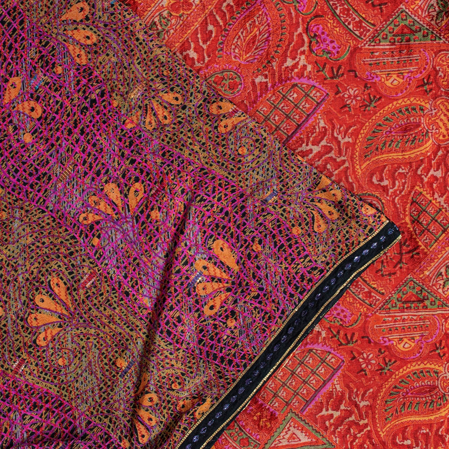 Sanskriti Vintage Sari Red-Orange Pure Silk Saree Kashmiri Paisley Print 5+Yd