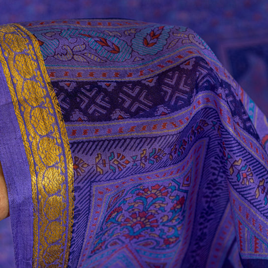 Sanskriti Vintage Purple Sari Soft Pure Silk Floral Print Zari Border Saree 6Yd