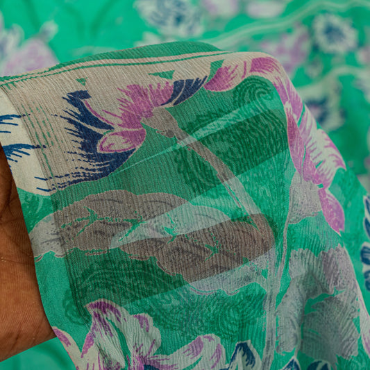 Sanskriti Vintage Green Sari Soft Pure Chiffon Silk Floral Print Saree 6YD Craft