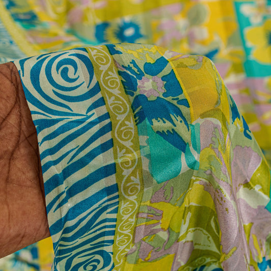Sanskriti Vintage Yellow-Blue Sari Soft Pure Silk Floral Printed Saree 5.5Yard