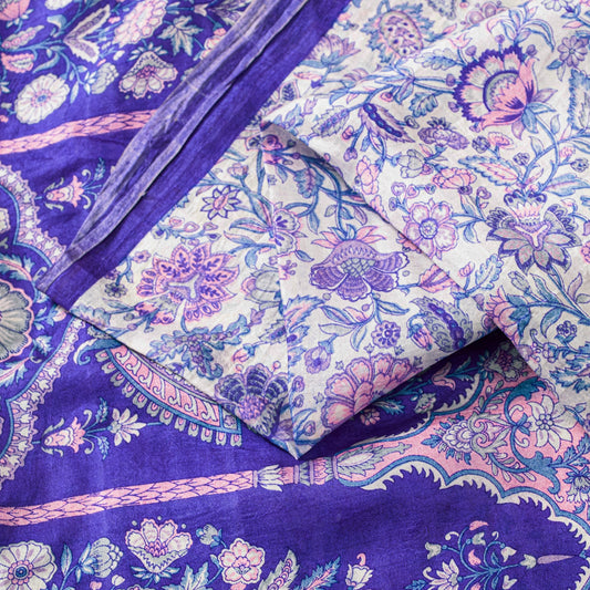 Sanskriti Vintage Soft Sari White-Blue Pure Silk Kalamkari DigitalPrint Saree 6Y