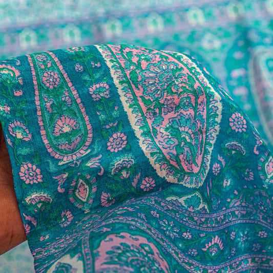 Sanskriti Vintage Sari Soft Blue Pure Silk Hand Block Print Paisley Saree 5.5Yd