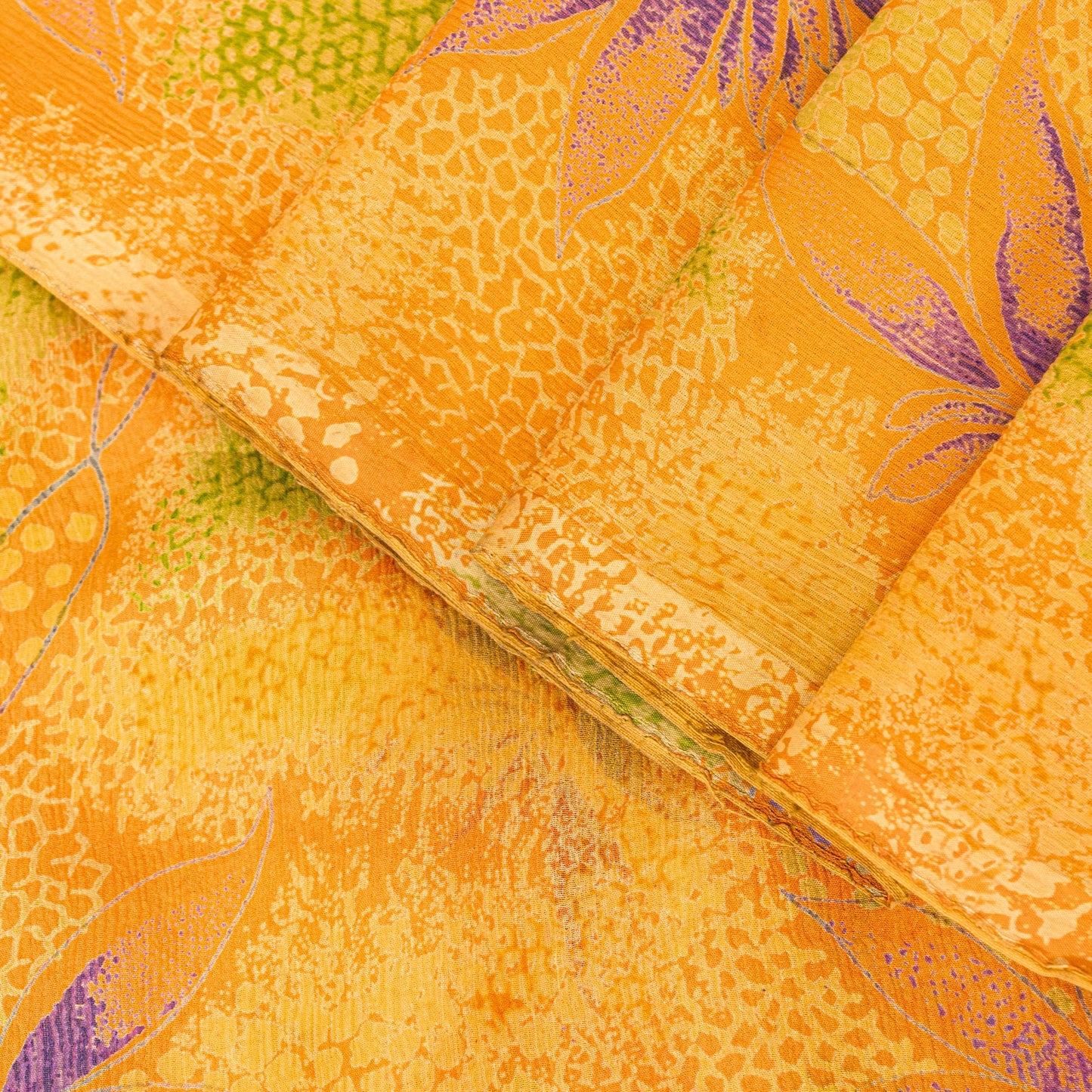 Sanskriti Vintage Sari Yellow 100% Pure Chiffon Silk Botonical Print Saree 5.5Yd
