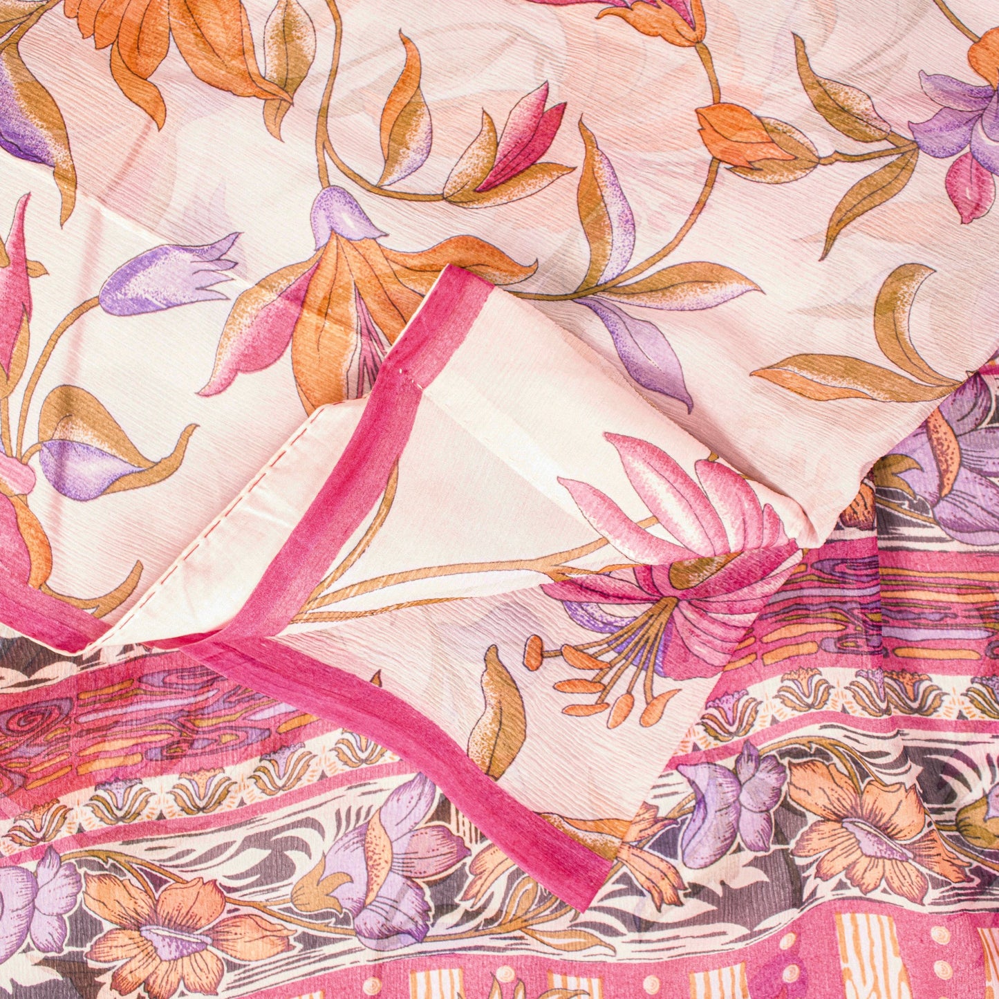 Sanskriti Vintage Sari Soft Pink Pure Chiffon Botonical Digital Print Saree 5.5Y