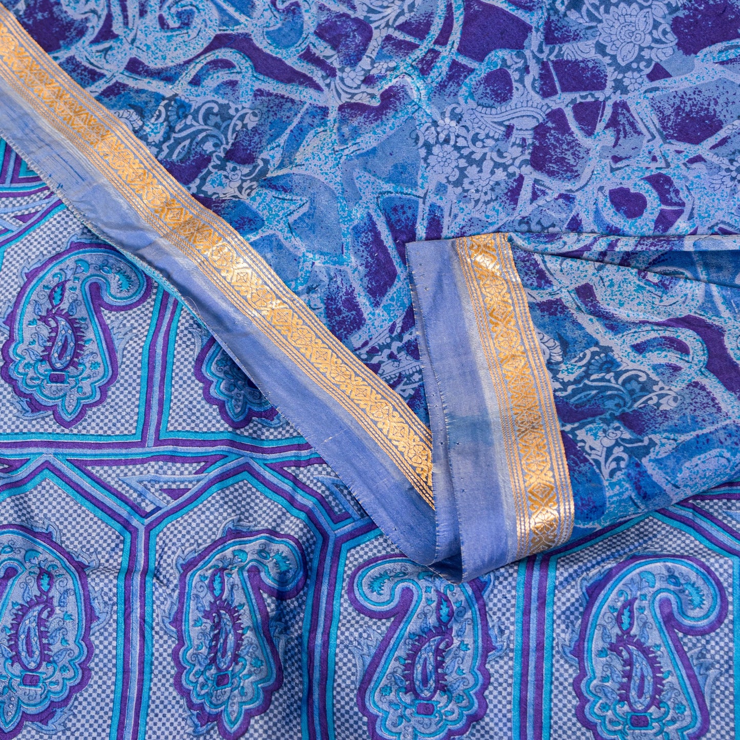 Sanskriti Vintage Sari Soft Blue Pure Silk Paisley Print Woven Border Saree 5.5Y
