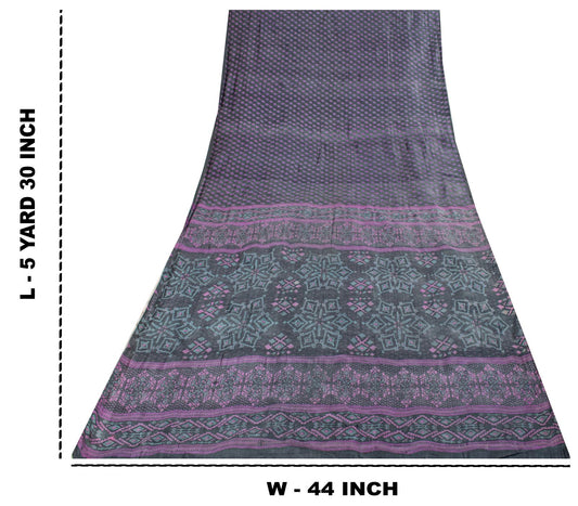 Sanskriti Vintage Saree Gray-Purple Pure Silk Floral Printed Sari 5.5+Yd Fabric