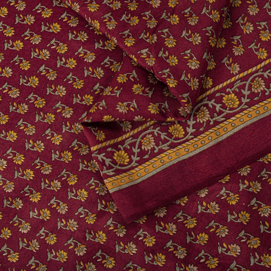 Sanskriti Vintage Maroon Pure Silk Saree Floral Printed Craft Fabric Sari 6 Yard