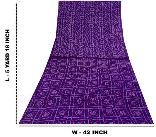 Sanskriti Vintage Purple Pure Silk Saree Bandhani Print Sari Fabric 5+Yard Craft