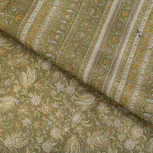Sanskriti Vintage Green Pure Silk Saree Floral Paisley Print Sari 6+Yard Fabric