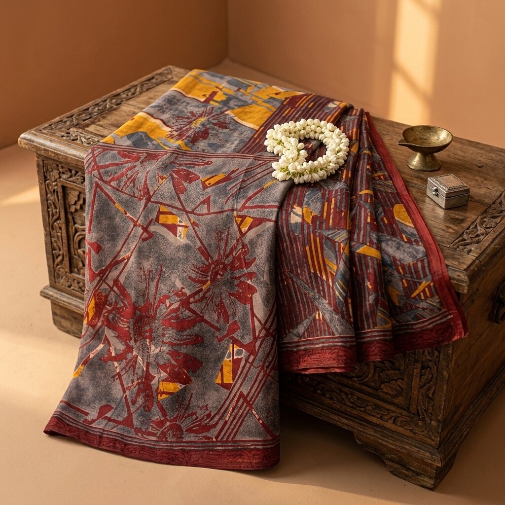Sanskriti Vintage Saree Maroon Soft Pure Silk Abstract Print Sari 5.5+Yd Fabric
