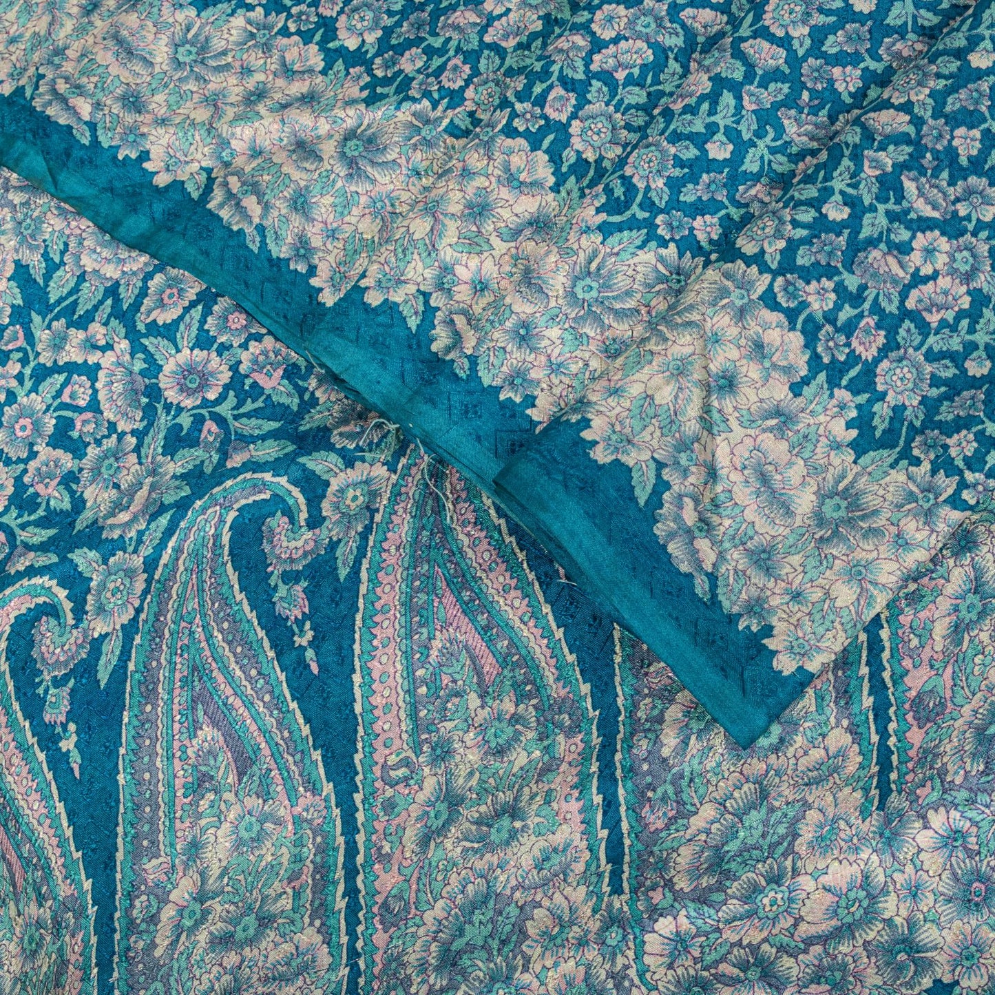 Sanskriti Vintage Saree Blue Soft Pure Silk Floral Print Sari 6+Yd Craft Fabric