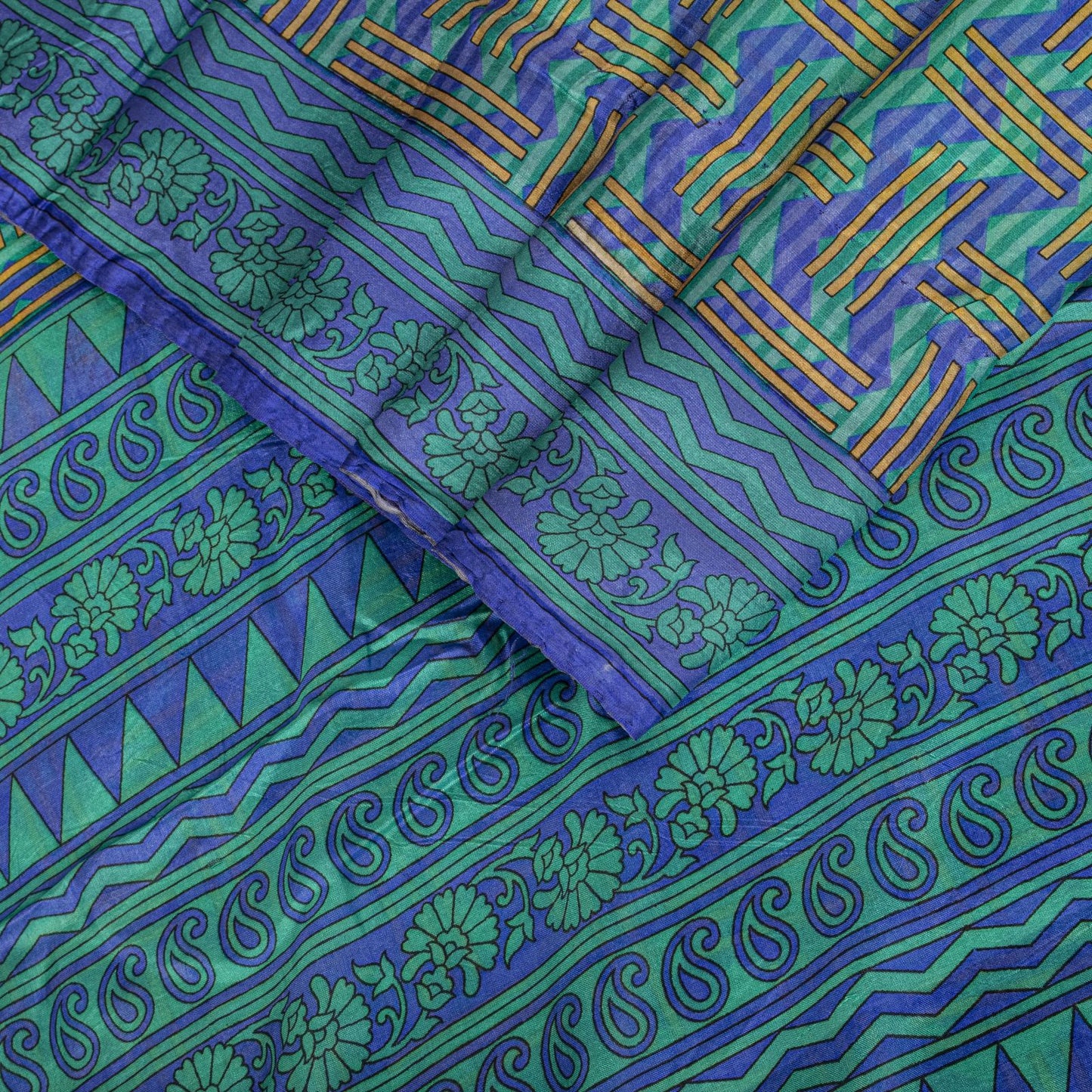 Sanskriti Vintage Blue Pure Silk Saree Geometric Print Fabric Sari 5+Yard Fabric