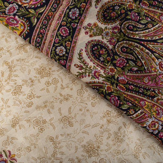 Sanskriti Vintage Ivory Pure Silk Saree Floral Paisley Print Craft Fabric 6+Yard
