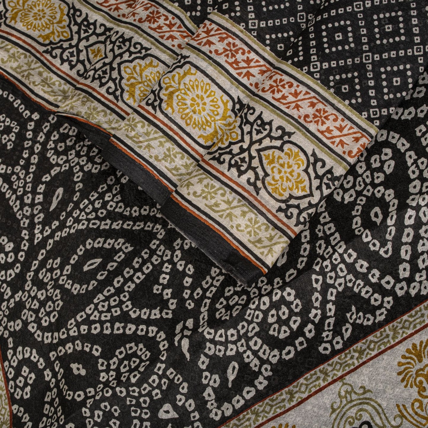 Sanskriti Vintage Black Pure Silk Saree Bandhani Print Craft Fabric 6+Yard Sari