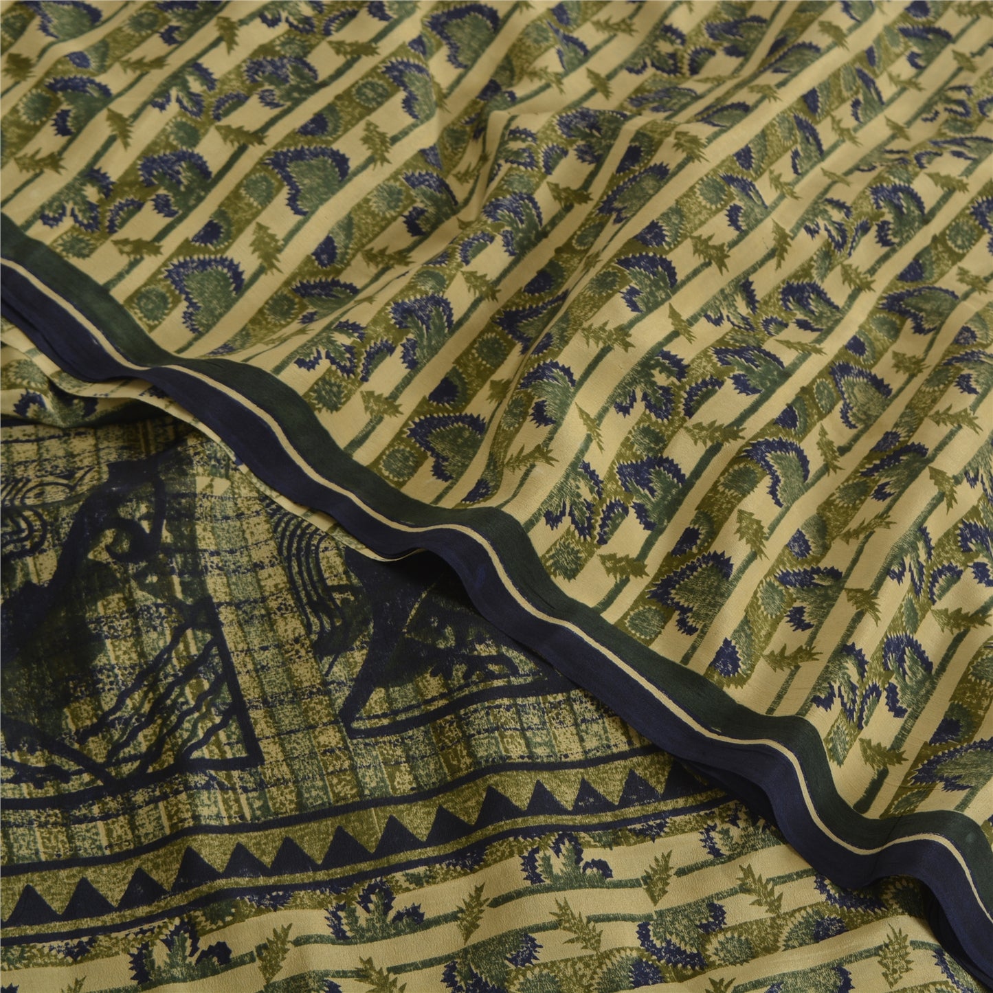 Sanskriti Vintage Cream Sarees Pure Crepe Abstract Print Sari 5+yd Craft Fabric