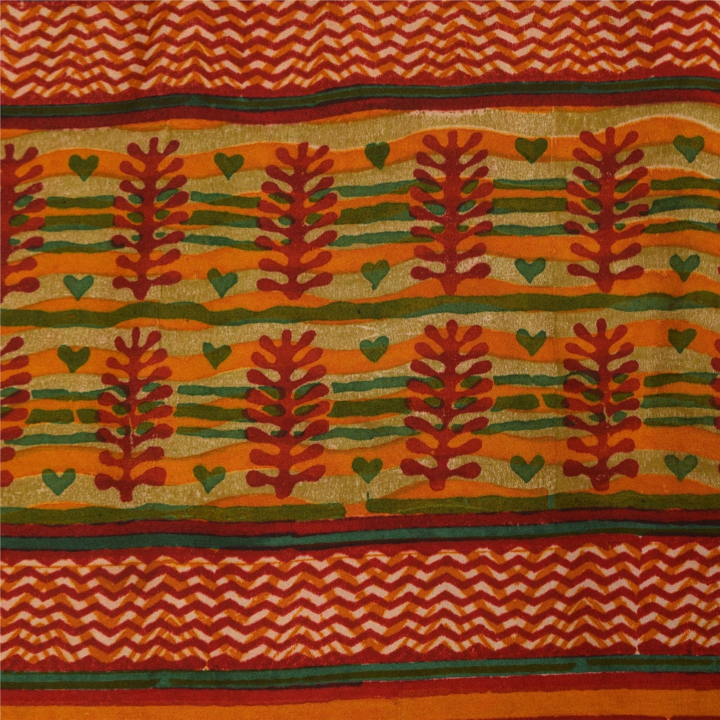 Sanskriti Vintage Saffron Sarees 100% Pure Crepe Silk Printed Fabric Craft Sari