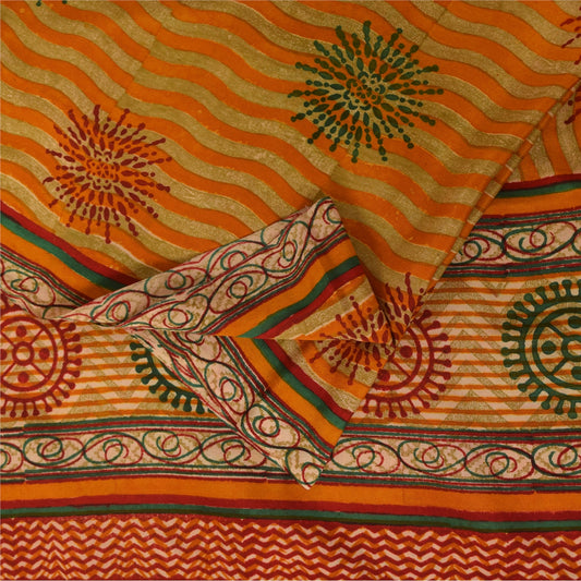 Sanskriti Vintage Saffron Sarees 100% Pure Crepe Silk Printed Fabric Craft Sari