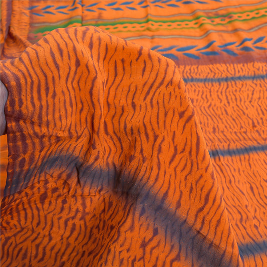 Sanskriti Vintage Orange Leheria Saree Pure Crepe Abstract Print Mukesh5 Yd Sari
