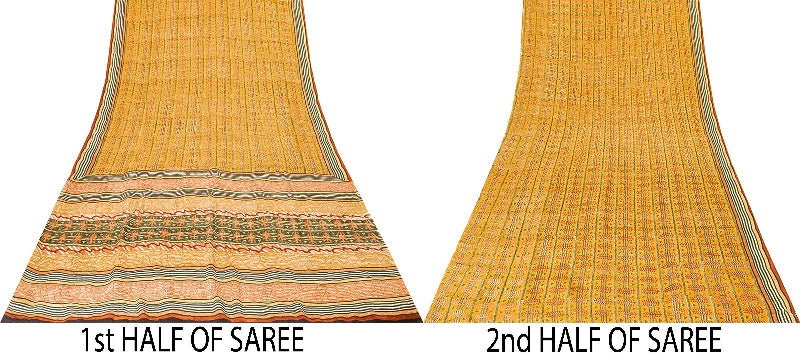 Sanskriti Vintage Sarees Mustard Pure Crepe Silk Printed Sari Craft Sustainable Fabric