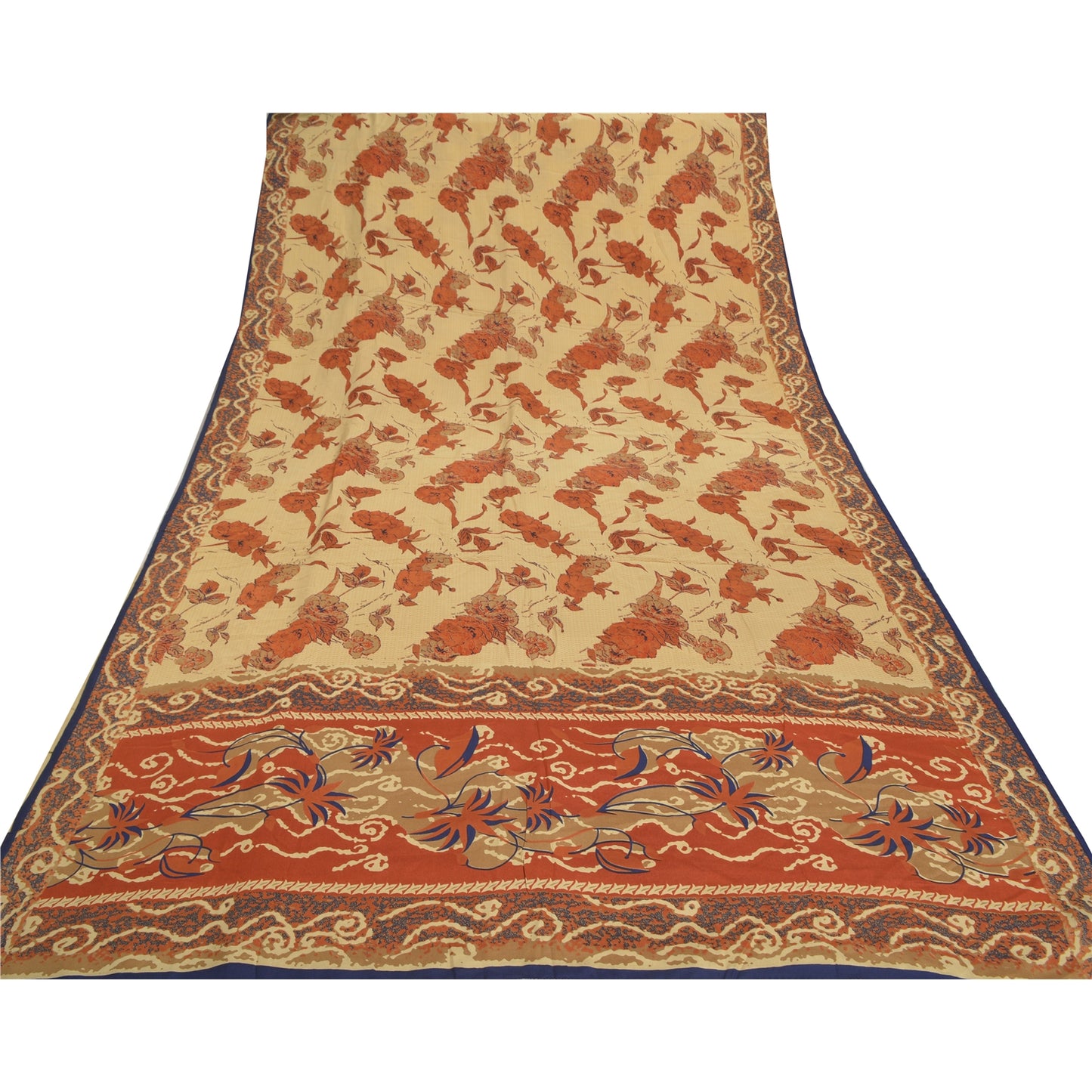 Sanskriti Vintage Cream & Red Sarees Pure Crepe Floral Print 6+YD Sewing Sari