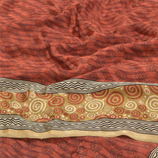 Sanskriti Vintage Dark Red Sarees Pure Crepe Silk Printed Sari 5 YD Craft Fabric