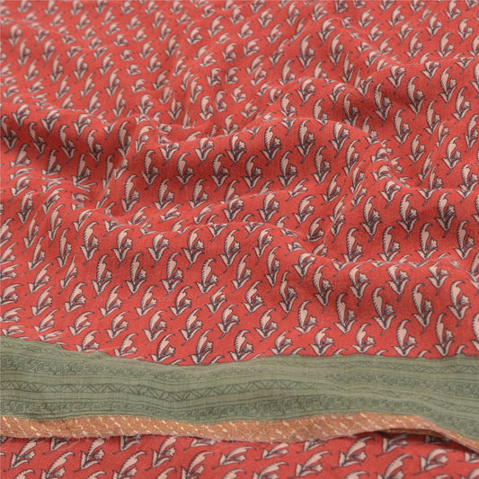 Sanskriti Vintage Red Indian Sarees Pure Crepe Printed Sari 5+yd Craft Fabric