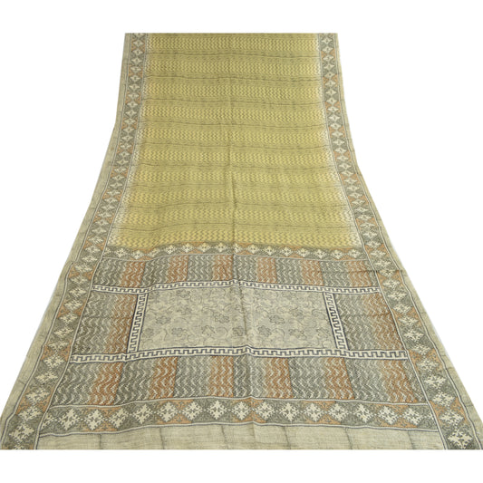 Sanskriti Vintage Saree Green Pure Crepe Silk Floral Printed Sari 5.5+Yd Fabric