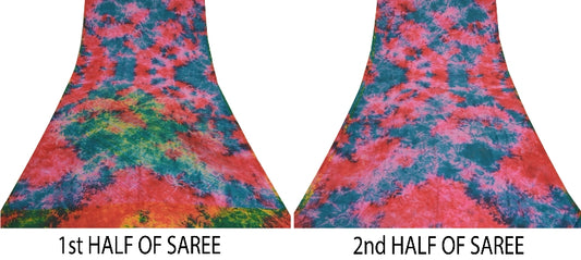 Sanskriti Vintage Red Tie-Dye Sarees Pure Crepe Silk Printed Sari Craft Sustainable Fabric