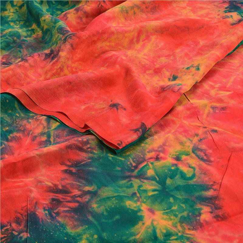 Sanskriti Vintage Red & Green Tie-Dye Sarees Pure Crepe Printed Sari 5+YD Craft