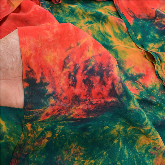 Sanskriti Vintage Red & Green Tie-Dye Sarees Pure Crepe Printed Sari 5+YD Craft