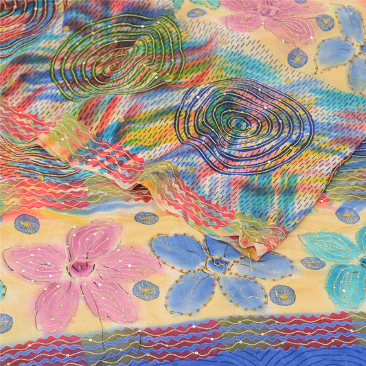 Sanskriti Vintage Sari 100% Pure Crepe Silk Multicolor Abstract Printed Sarees 5 Yd Craft Fabric Recycled For Quilting Felting, Decor