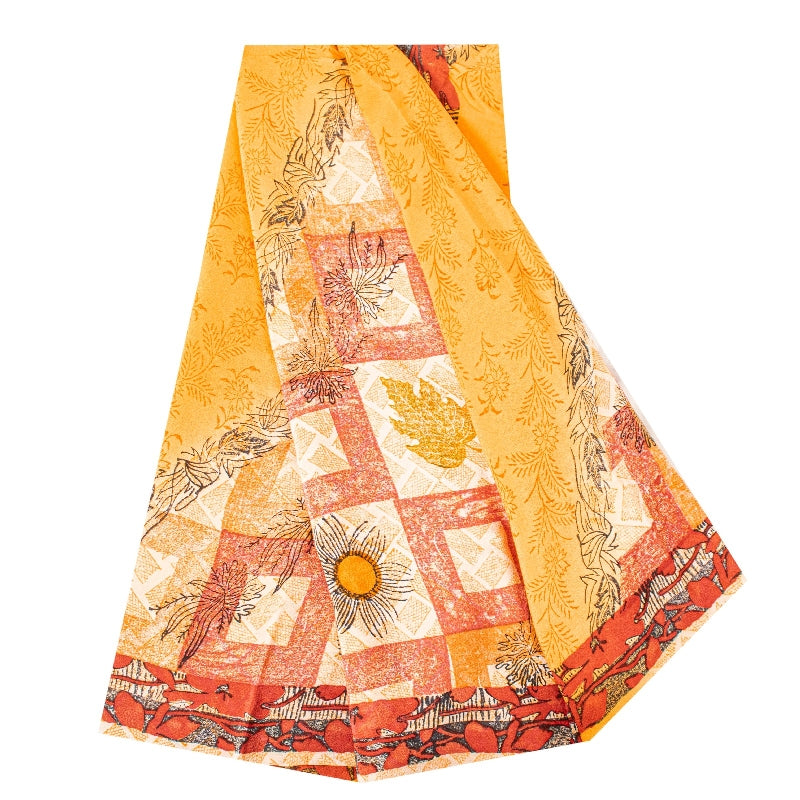 Sanskriti Vintage Sarees Yellow Pure Crepe Silk Printed Sari Floral Craft Sustainable Fabric