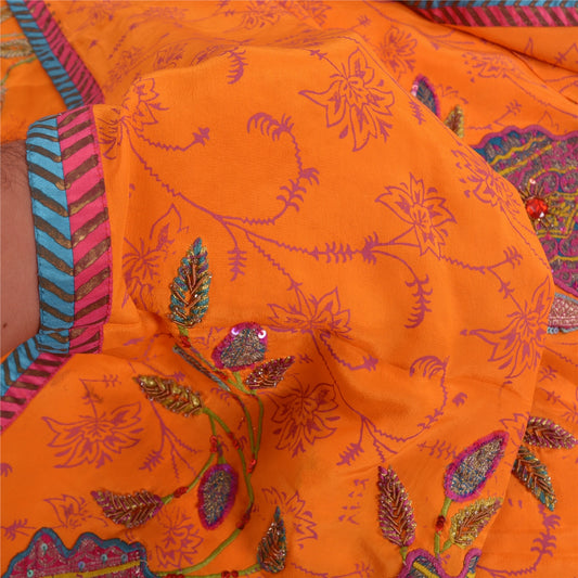 Sanskriti Vintage Sarees Orange Hand Bead & Print Pure Crepe 5+YD Crafters Sari