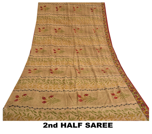 Sanskriti Vintage Sarees Brown Hand Beaded Kantha Pure Crepe Silk Sari Sustainable Fabric