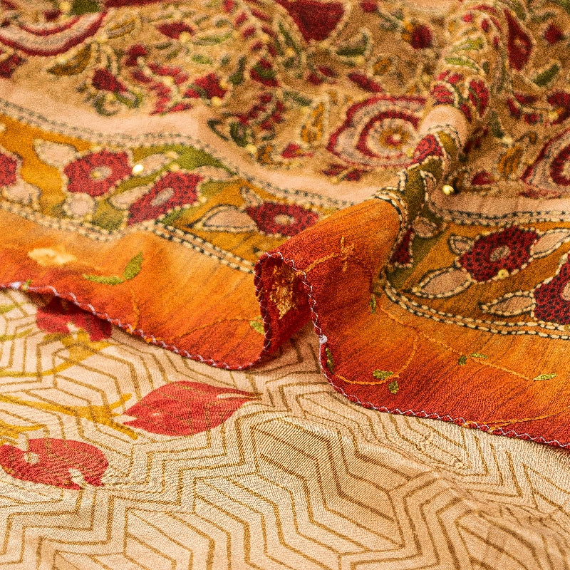 Sanskriti Vintage Sarees Brown Hand Beaded Kantha Pure Crepe Silk Sari Sustainable Fabric